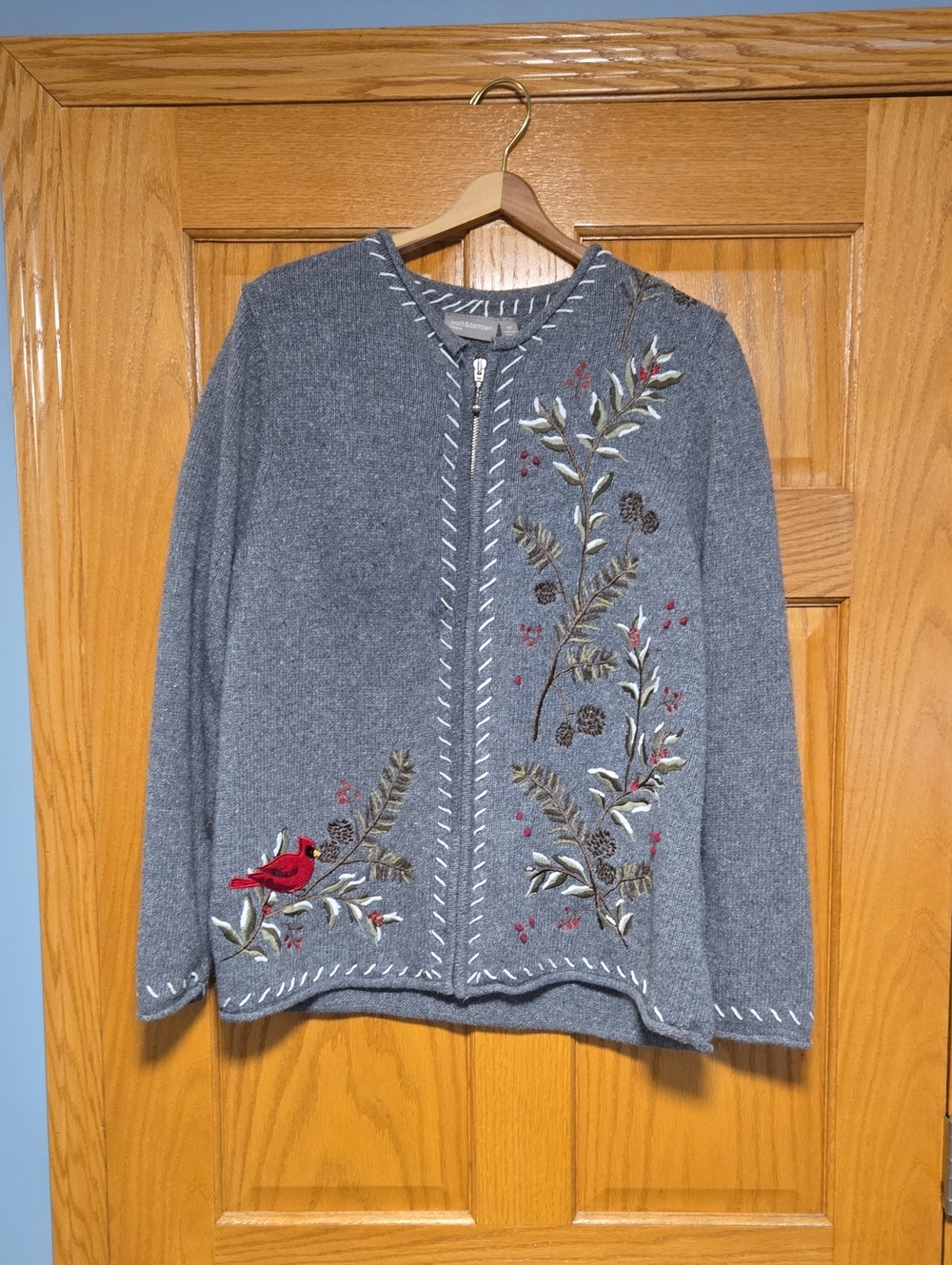 Croft & Barrow Gray Embroidered Cardigan with Red Cardinal